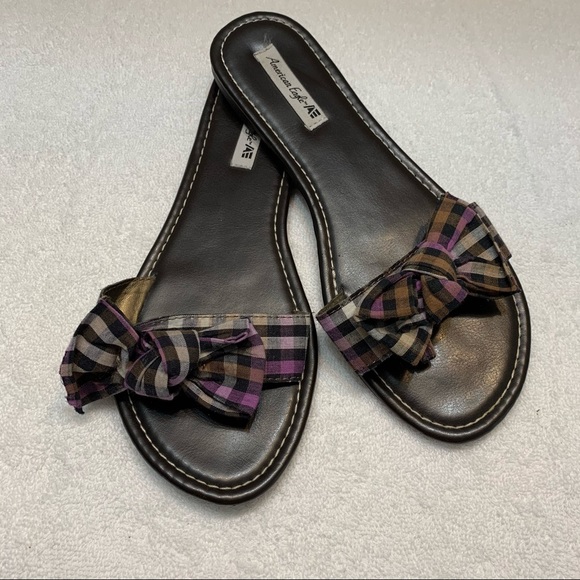 American Eagle Plaid Bow Thong Flip Flop Sandals - Picture 2 of 10